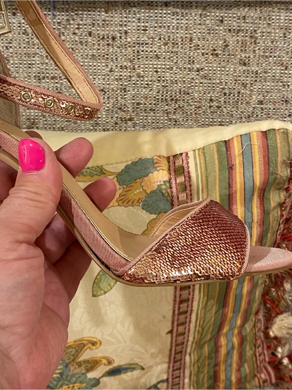 Badgley Mischka Rose Gold Sequin Ankle-Strap Heels